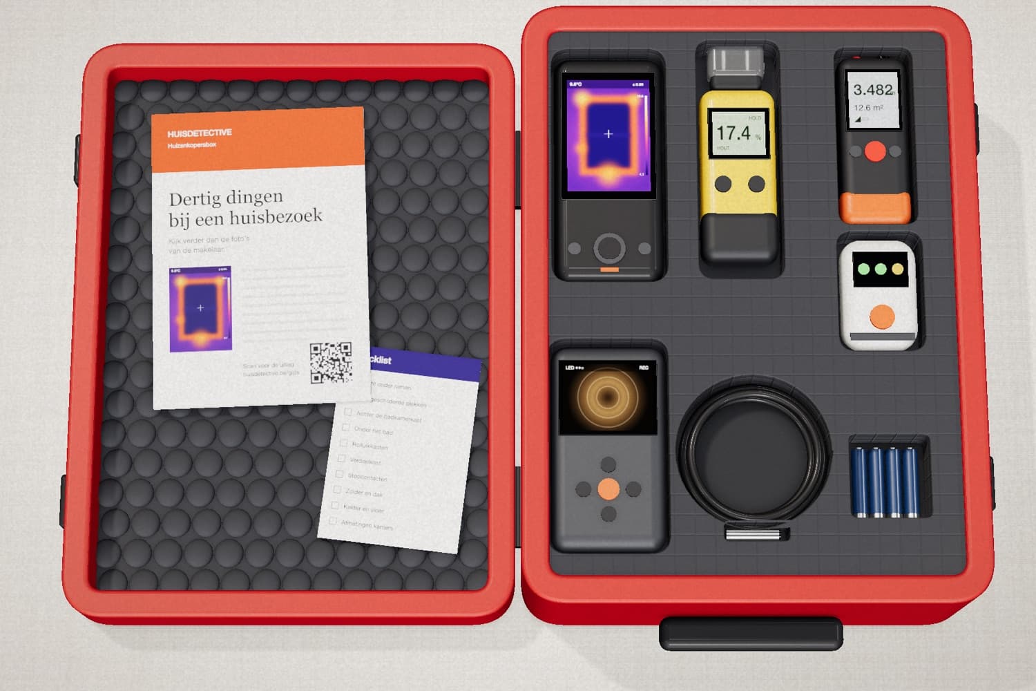 De open koffer van de Huizenkopersbox, met warmtecamera, vochtmeter, endoscoop, laserafstandsmeter, stopcontacttester