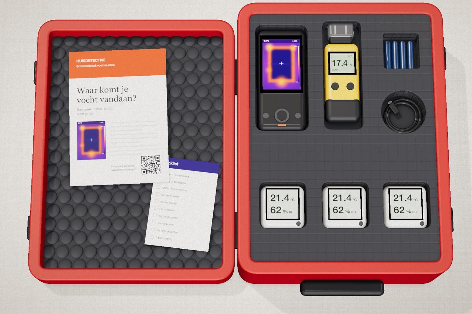 De open koffer van de Schimmelcheck voor huurders, met klimaatmeters, warmtecamera, vochtmeter